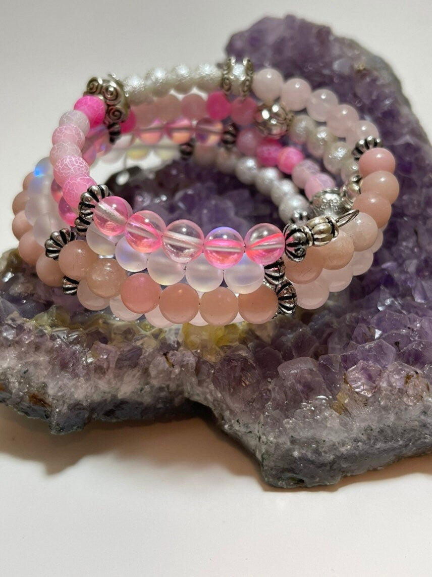 Luminous Harmony Memory Wire Bracelet - Rose Quartz, Opal & Aura