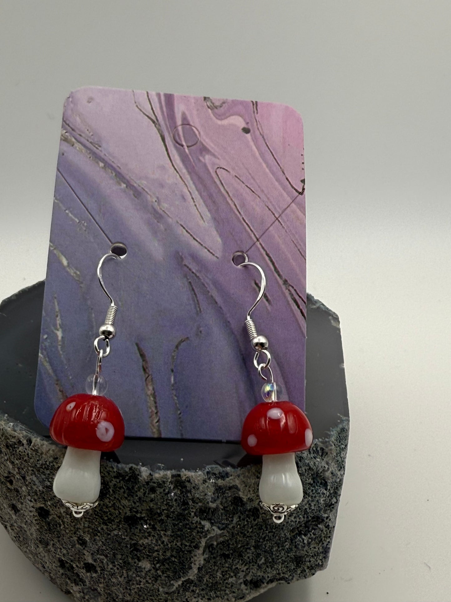 Cute small glass mushroom earrings (assorted colors) on Sterling Silver Shepherd Hooks