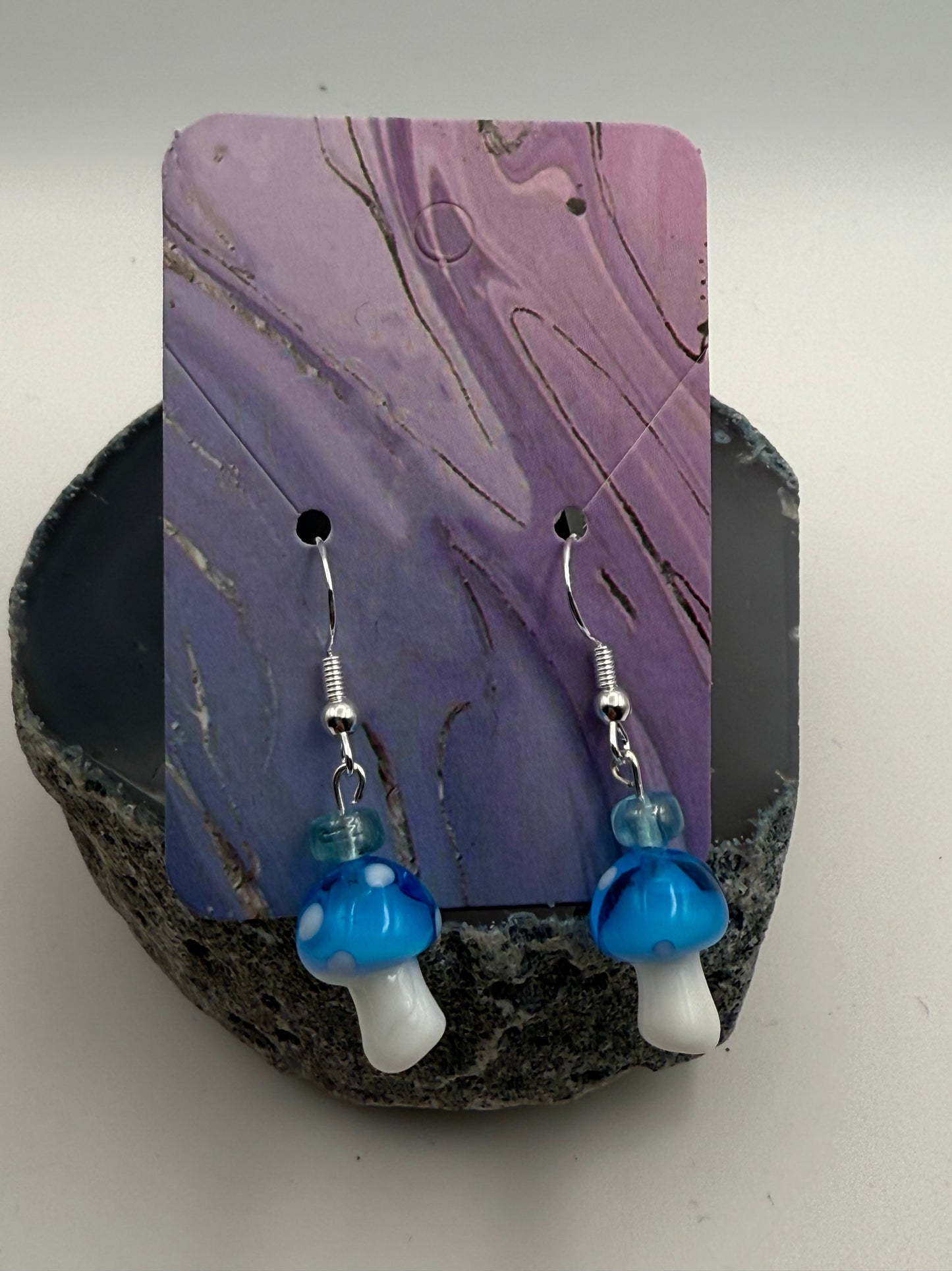 Cute small glass mushroom earrings (assorted colors) on Sterling Silver Shepherd Hooks