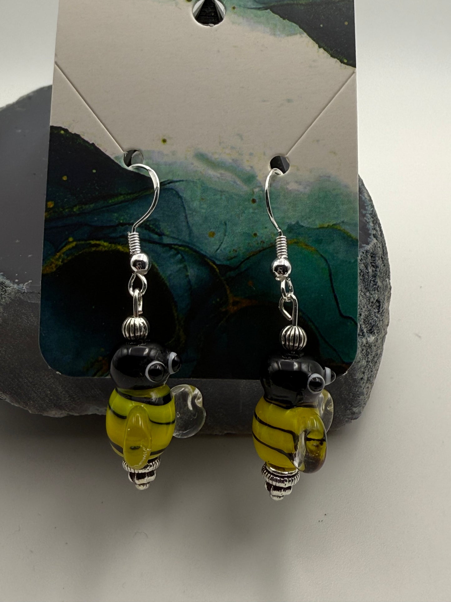 Glass Bumblebee Earrings on Sterling Silver Shepherd Hooks