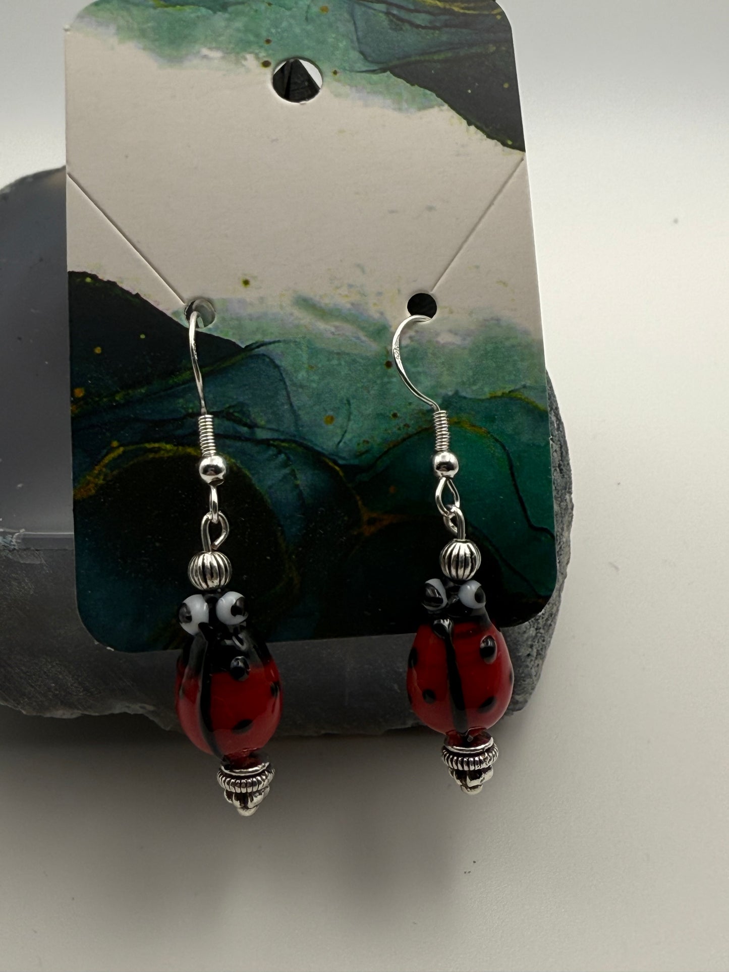 Glass Ladybug Earrings on Sterling Silver Shepherd Hooks