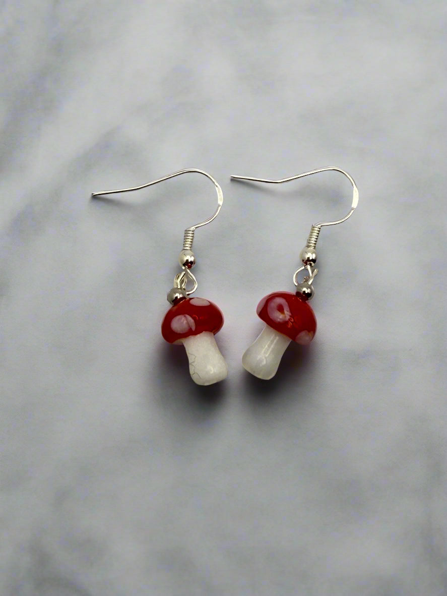 Cute small glass mushroom earrings (assorted colors) on Sterling Silver Shepherd Hooks