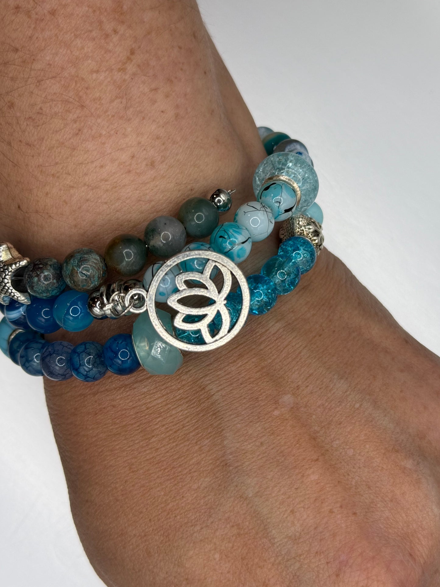 Oceanic Calm Memory Wire Bracelet - Blue Aventurine, Crackle Agate and Glass