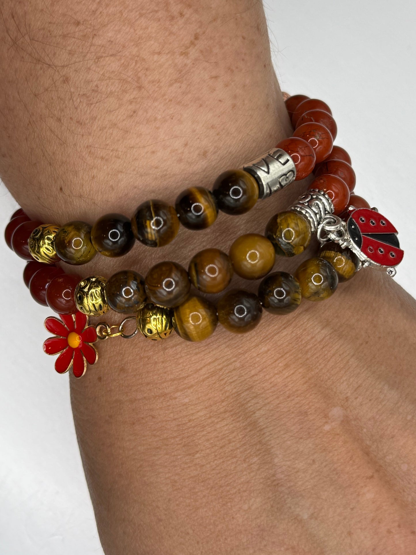 Fire and Earth - Carnelian, Red Jasper and Tiger's Eye Memory Wire Bracelet