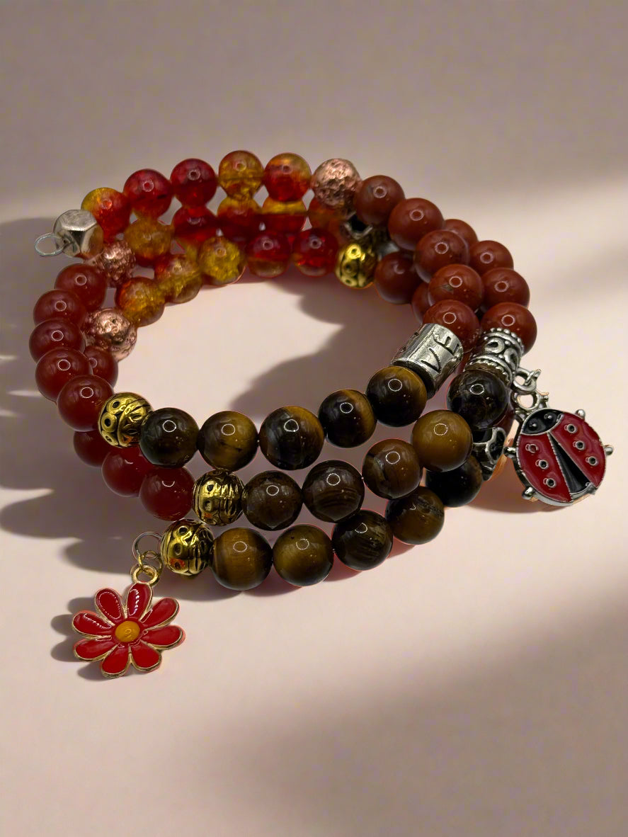 Fire and Earth - Carnelian, Red Jasper and Tiger's Eye Memory Wire Bracelet