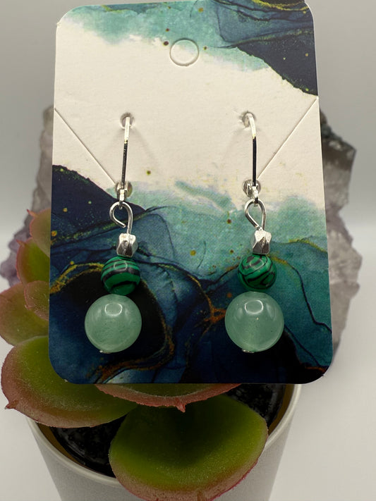 Verdant Harmony Earrings – Green Aventurine & Malachite on Sterling Silver Shepherd's Hooks
