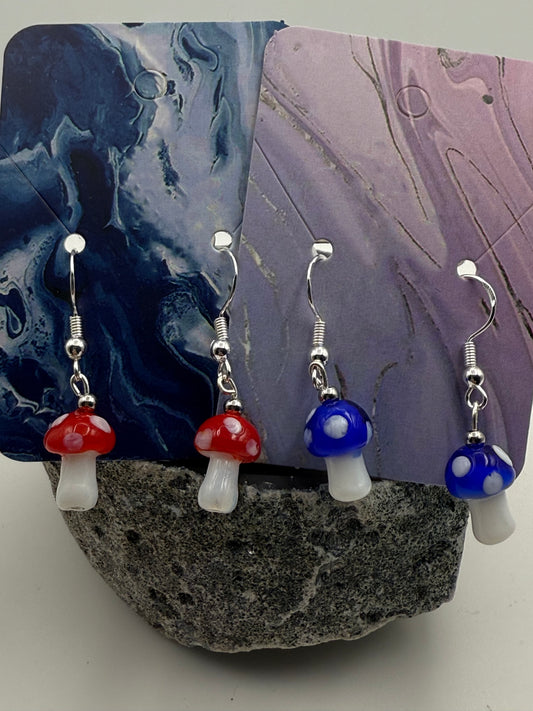 Cute small glass mushroom earrings (assorted colors) on Sterling Silver Shepherd Hooks