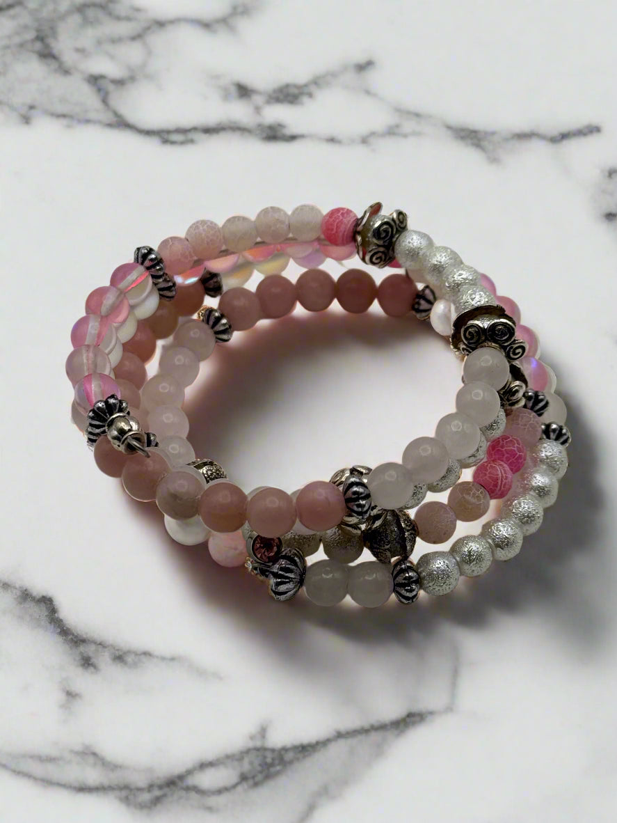 Luminous Harmony Memory Wire Bracelet - Rose Quartz, Opal & Aura