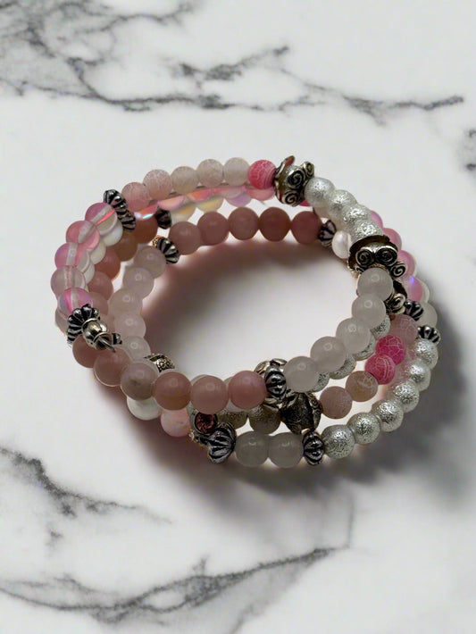 Luminous Harmony Memory Wire Bracelet - Rose Quartz, Opal & Aura
