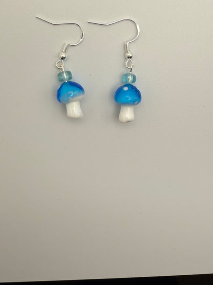Cute small glass mushroom earrings (assorted colors) on Sterling Silver Shepherd Hooks