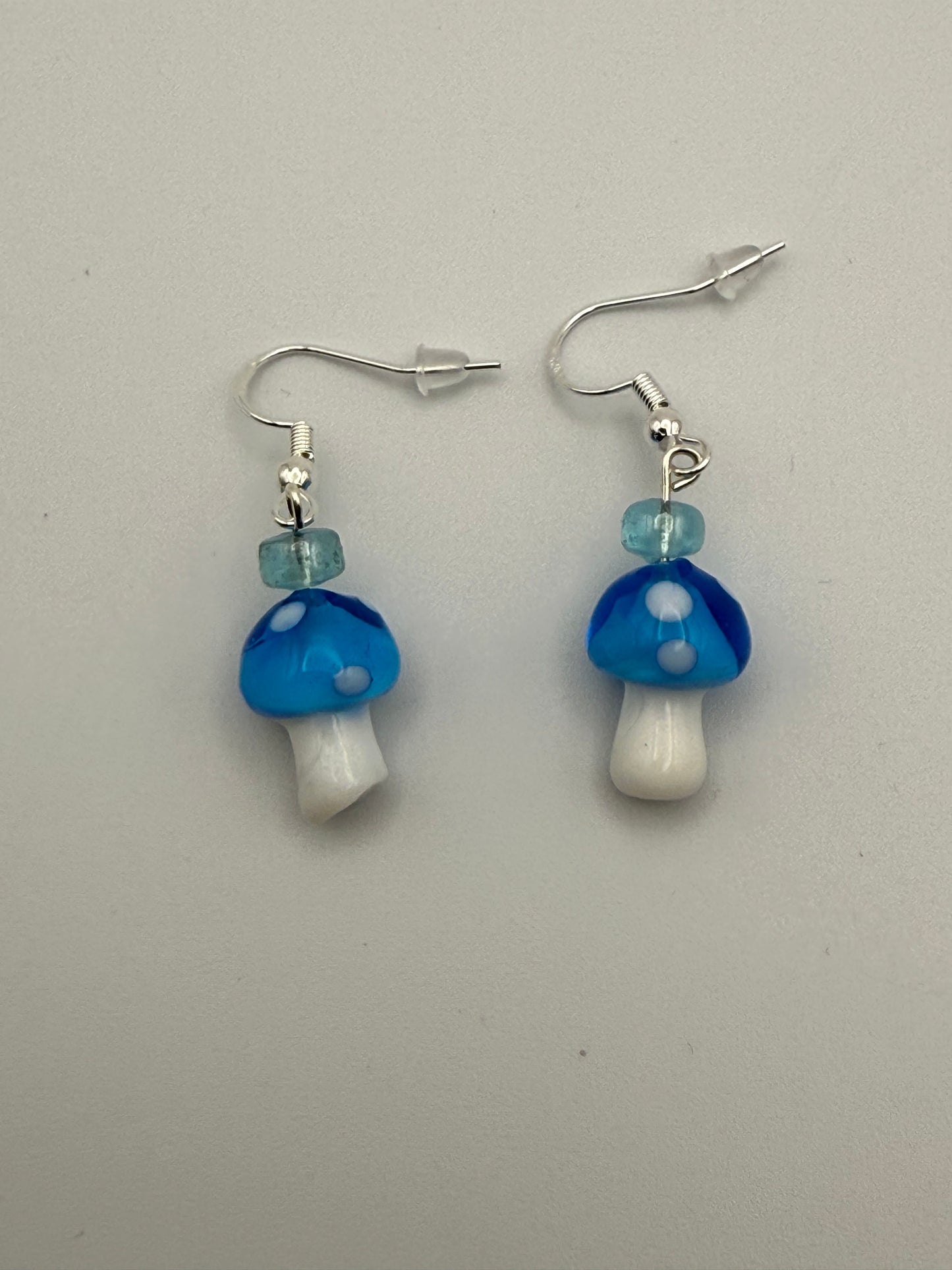 Cute small glass mushroom earrings (assorted colors) on Sterling Silver Shepherd Hooks