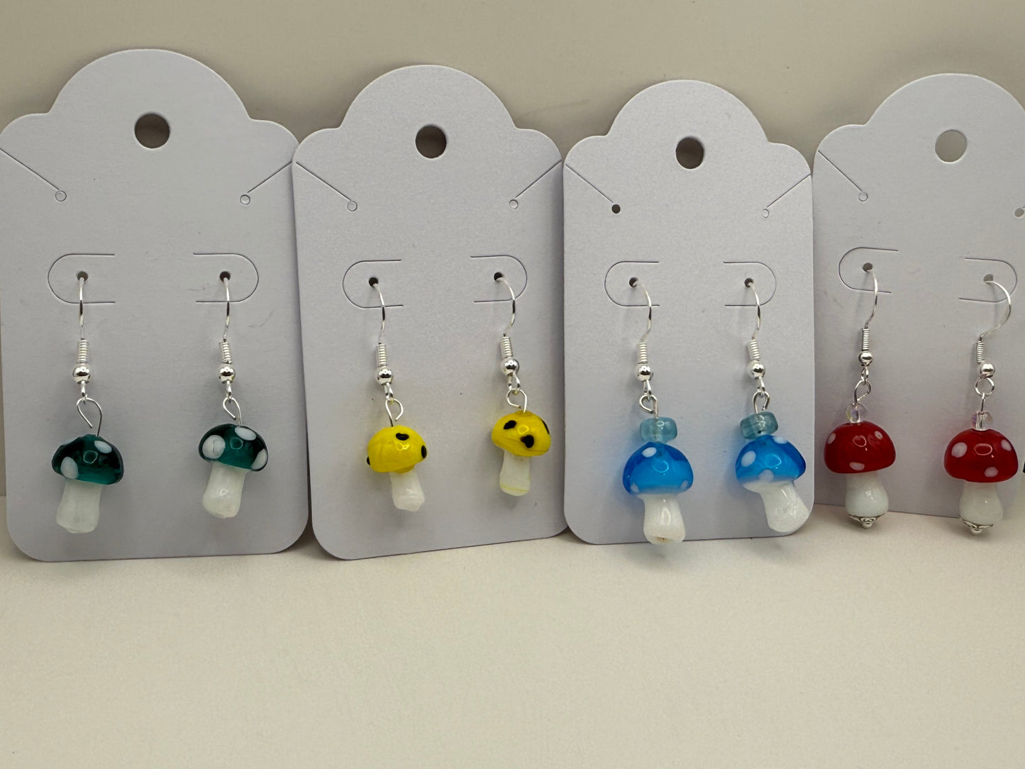 Cute small glass mushroom earrings (assorted colors) on Sterling Silver Shepherd Hooks