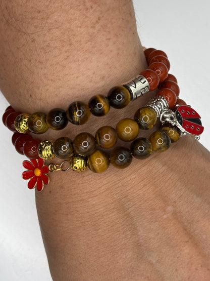 Fire and Earth - Carnelian, Red Jasper and Tiger's Eye Memory Wire Bracelet