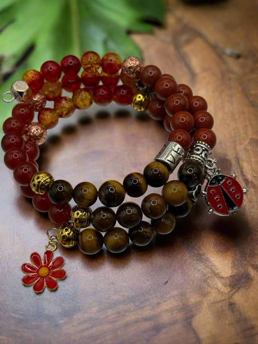 Fire and Earth - Carnelian, Red Jasper and Tiger's Eye Memory Wire Bracelet
